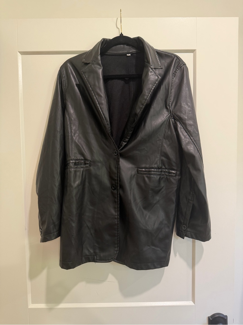 Women's Black Faux Leather Blazer Jacket - Tailored Single-Breasted Style